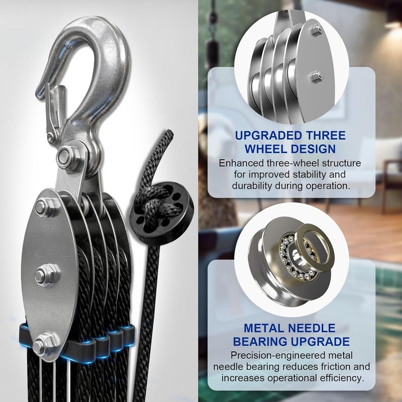 SALIFTFE Block and Tackle Pulley System w/ 2 Lift Sling Straps, Upgraded 4-Wheel Rope Hoist w/Dual Guide Wheels & Wide-Opening Hooks, 8:1 Lifting Power, 65FT x 1/4" Rope for Garage, Hunting, Lifting - Image 4